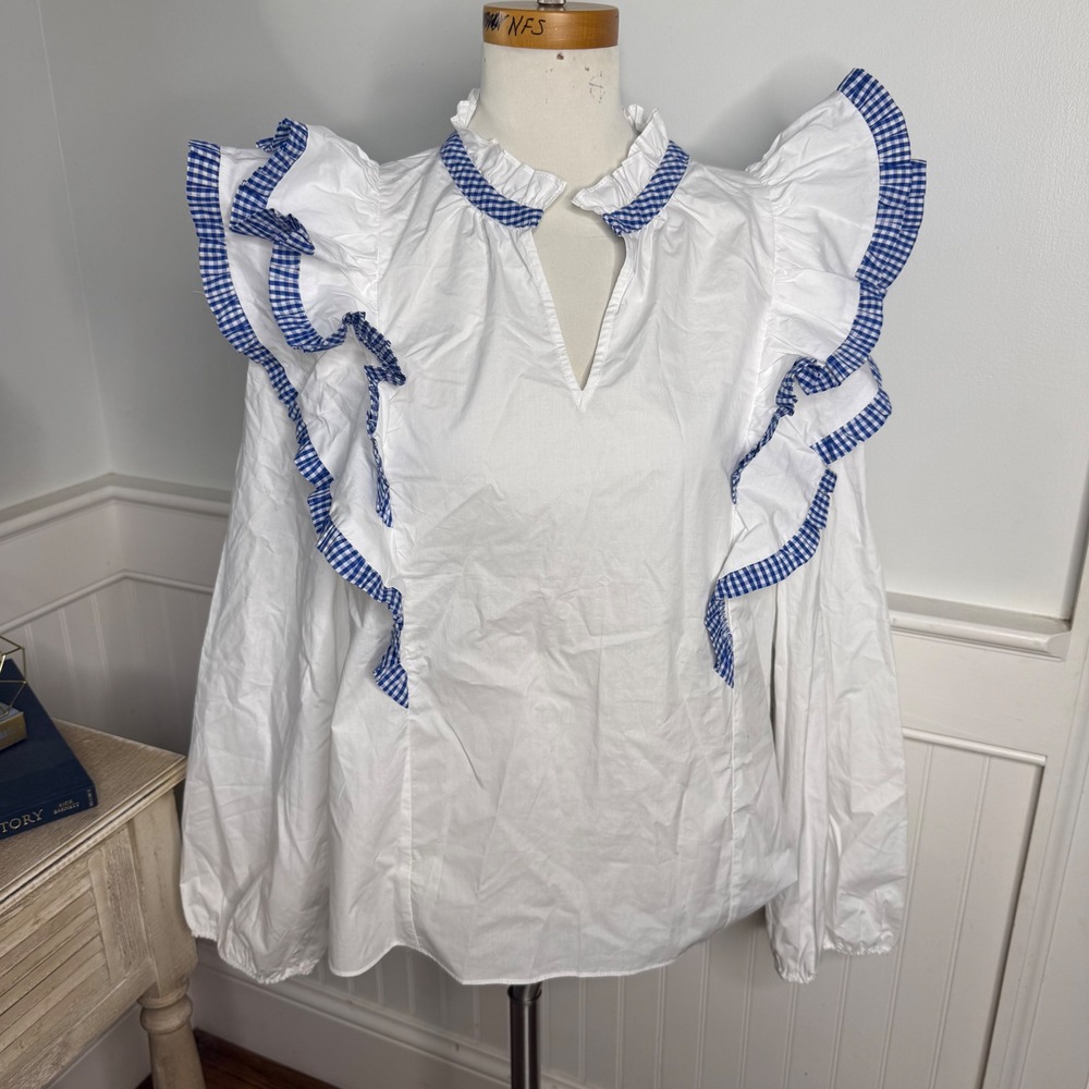 Hyacinth House Tuckernuck White Gingham Ruffle Poplin Blouse Blue Trim Large NEW - Picture 1 of 8